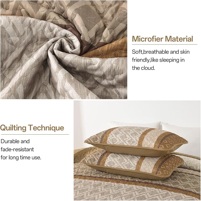Dinjoy Boho Queen Quilt Set, Striped Bedspread Queen Size, Light Brown Bedding - Image 4