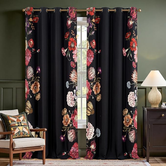jinchan Black Floral Blackout Curtains 96 Inch Vintage Grommet 2 Panels | Room by JINCHAN