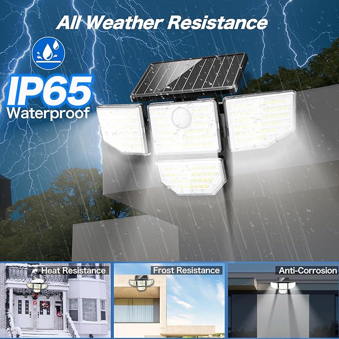 Adewalk 3000LM Outdoor Solar Light - Upgrade 4 Heads 188 LED Solar Motion Sensor Outdoor Lights, IP65 Waterproof Powered Light for Home Darkroom Backyard, 4 Pack