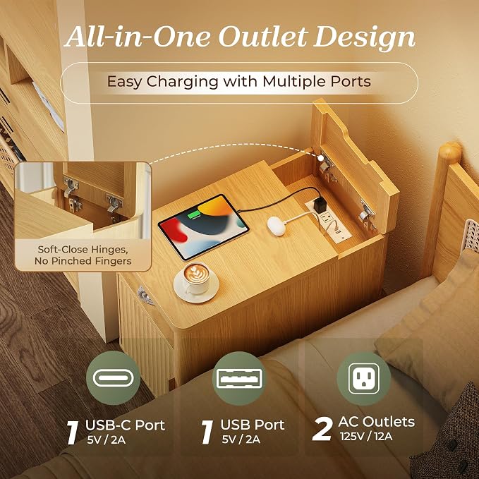 Huuger Narrow Nightstand with Charging Station, USB-C Port | Set of 2 Night - Image 4