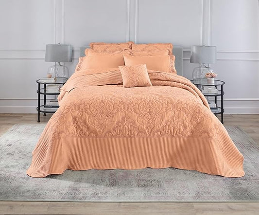 BrylaneHome Bedding Lightweight All Season Modern Amelia Quilted Damask Oversized Ultra Soft Bedspread - Full, Peach Fuzz