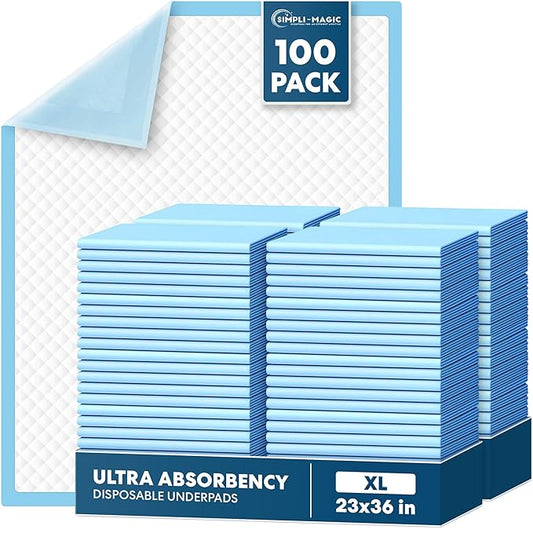 Simpli-Magic Disposable Bed Underpads 23'' x 36'' (100-Count) – Incontinence Chux Pads, Pee Pads – Thick, Super Absorbent Protection for Kids, Adults, Elderly – Liquid, Accidents