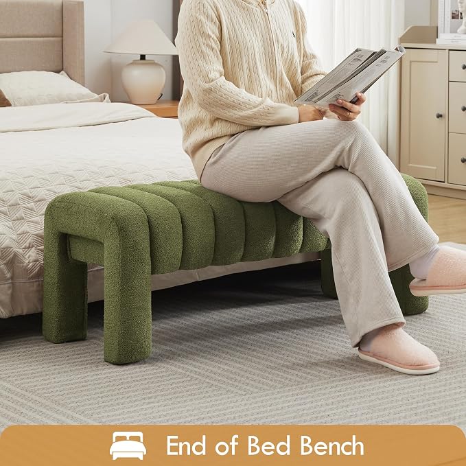 43" Boucle Bed Bench, Linen Green | Upholstered Channel Tufted, Accent Window - Image 7