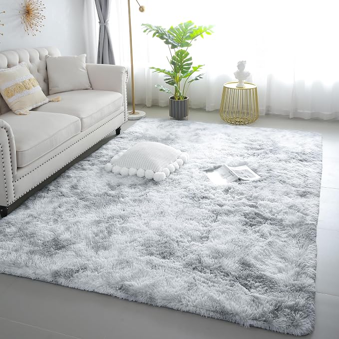 6x9 Tie-Dye Gray Shag Rug for Bedroom, Soft Plush Fluffy Carpet | Gray Area Rug by KICHOWUA