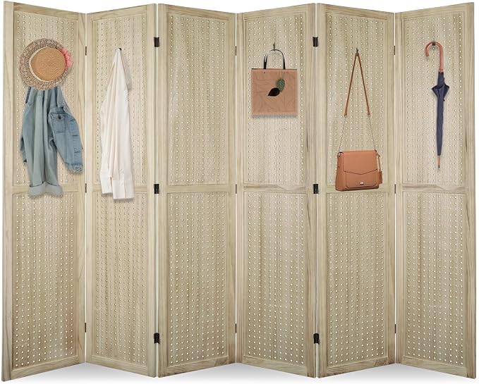 6 Panel Pegboard Room Divider | Natural Wood Folding Privacy Screen by Unknown