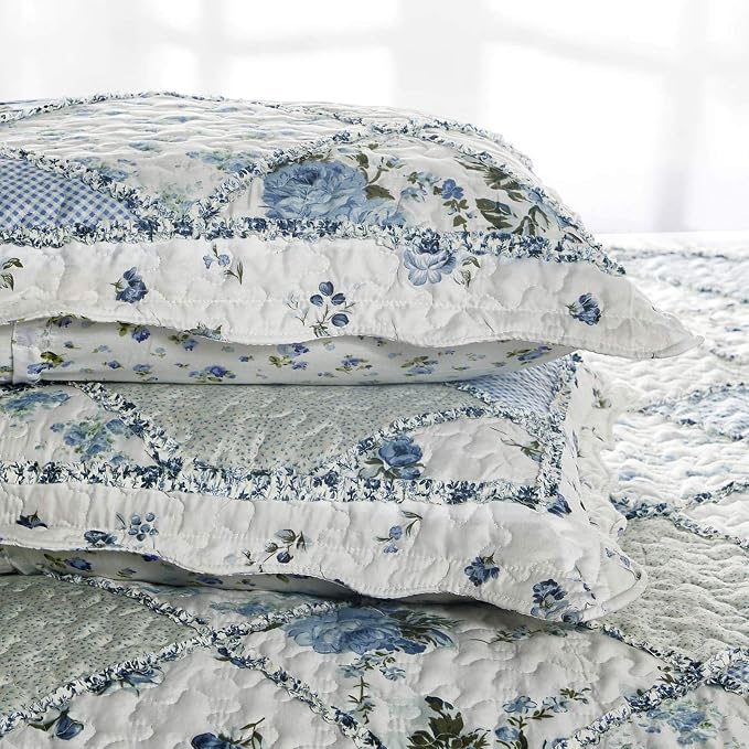 VIVILINEN Blue Floral Patchwork Quilt Set, Full Queen Size, 3 Piece Bedding Set - Image 6