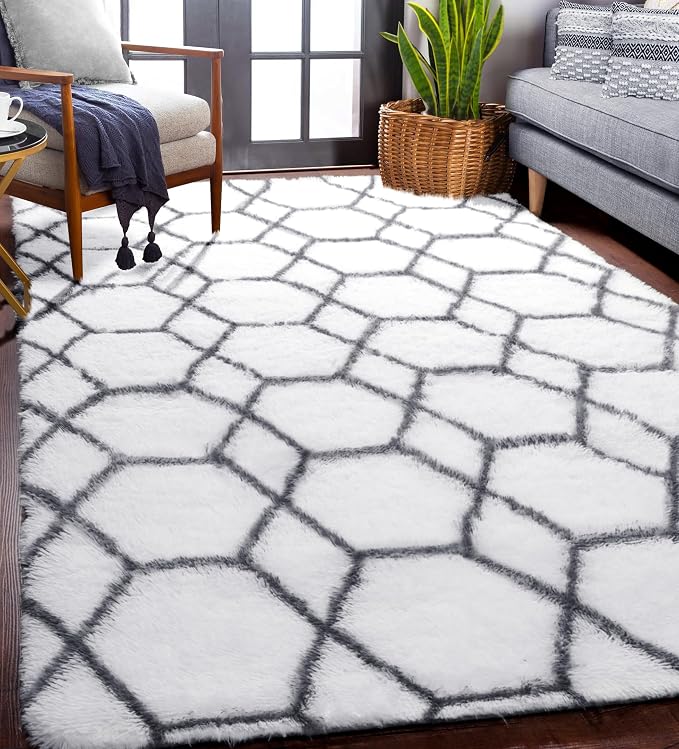 Area Rugs for Living Room, 5x8 Fluffy White and Grey Rug for Bedroom, Geometric - Image 5
