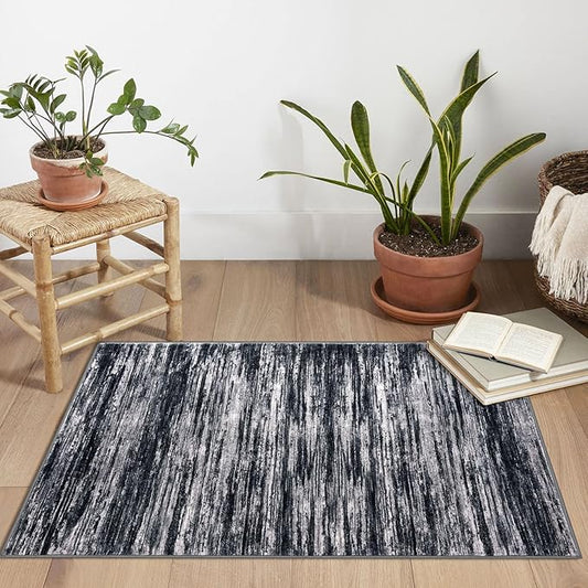 2x3 Modern Abstract Rug for Entryway, Black Super Soft Small Area Rug, Washable Non-Slip Kitchen Rugs, Low-Pile Mat Carpet for Bedside, Indoor Door Mat
