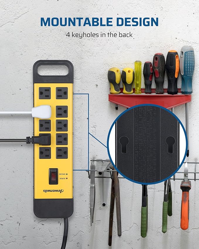 DEWENWILS 10-Outlet Metal Surge Protector Power Strip with 15Ft Cord, UL Listed, Flat Plug, 15A Circuit Breaker, 1440Joules, Heavy Duty Industrial Power Strip for Garage, Workshop, Wall Mountable