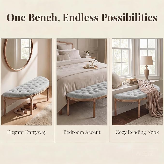 chairus 55" Button Tufted Semi-Circle Dining Bench Linen Halfmoon Entryway - Image 6
