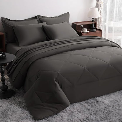 NTBAY Queen Comforter Set with Sheets, 7 Pieces Soft and Breathable Queen Bedding Set, Bed in a Bag, Down Alternative Comforter Set Solid Color All Season, Queen Bedding Set, Dark Grey