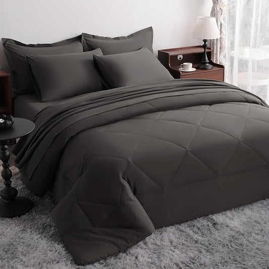 NTBAY King Comforter Set with Sheets, 7 Pieces Soft and Breathable King Bedding Set, Bed in a Bag, Down Alternative Comforter Set Solid Color All Season, King Bedding Set, Dark Grey