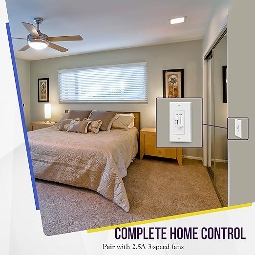 ENERLITES 3 Speed Ceiling Fan Control and LED Dimmer Light Switch, 2.5A Single Pole Light Fan Switch, 300W Incandescent Load, No Neutral Wire Required, 17001-F3-W, White