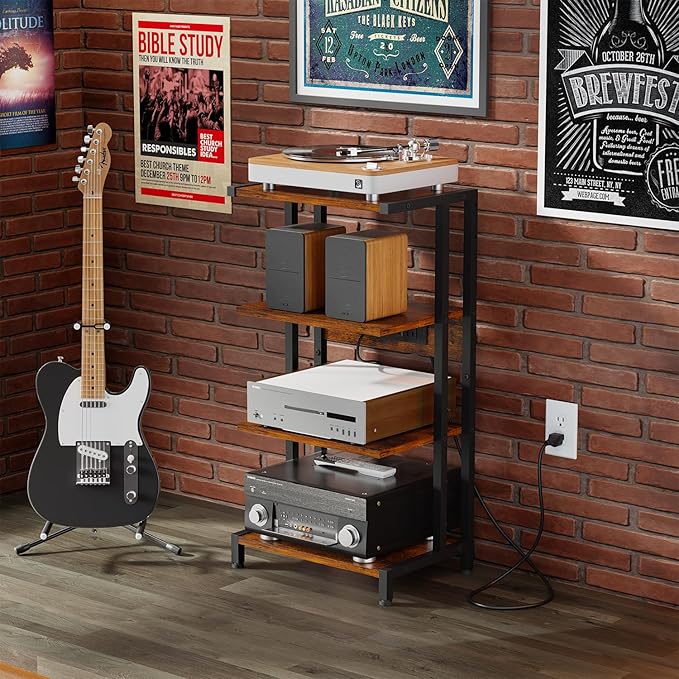 X-cosrack 16.5" Small 4-Tier AV Media Stand with Power Strips,Narrow Version Wooden Corner Shelf Stereo Cabinet Audio Rack Stand Tower for Small DVD Players Game Console TV Box Cable Box WiFi Router