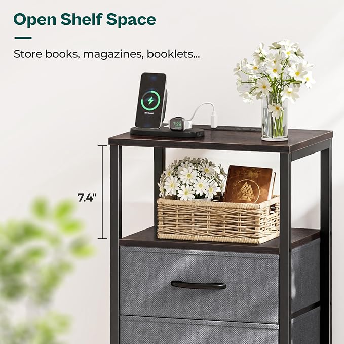 Huuger Nightstand with Charging Station, Side Table with Fabric Drawers | End - Image 7