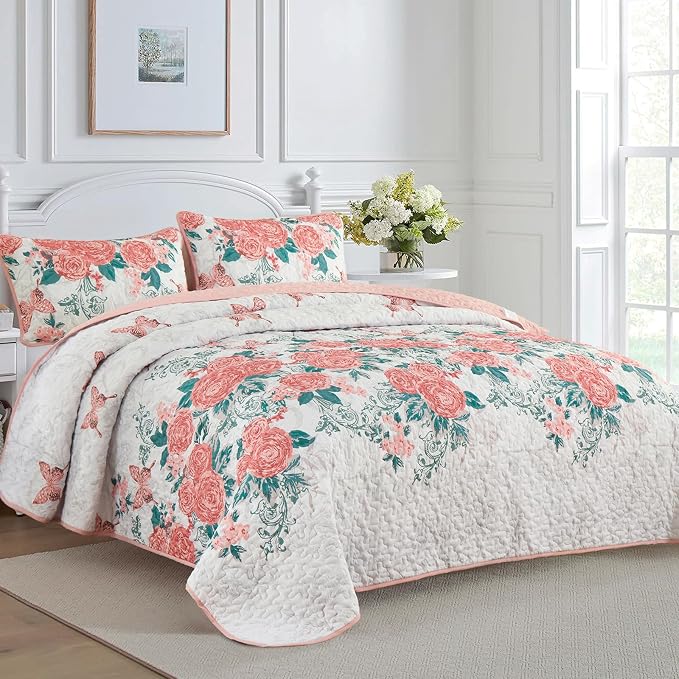 Yiran Pink Floral Quilt Set Queen Summer Botanical Bedspreads Bedding Set | 3 - Image 2