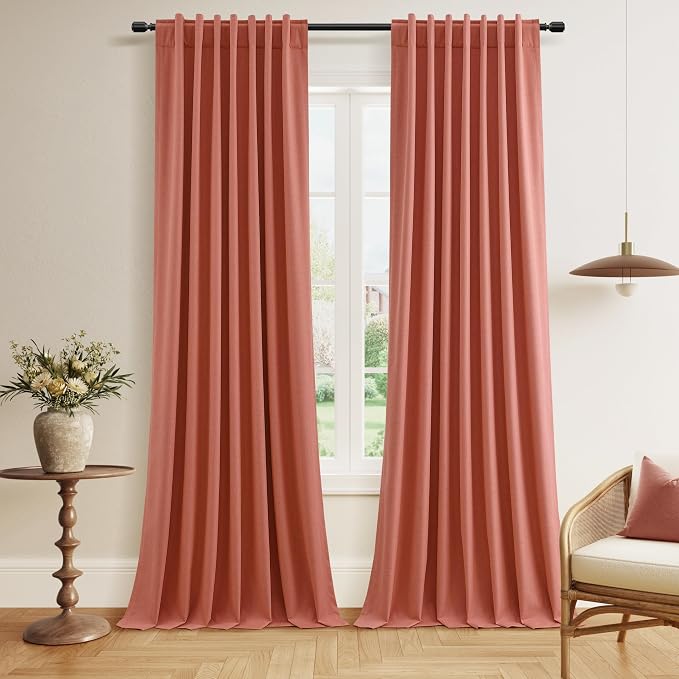 Coral 100% Blackout Linen Curtains 102 Inch Length 2 Panels Set by Guken