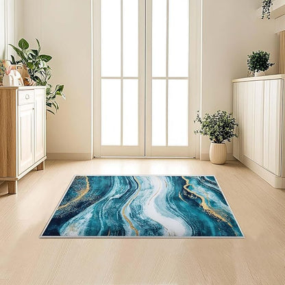 2x3 Abstract Entryway Area Rug Blue White Golden Bathroom Rug Non Slip Machine Washable Low Pile Small Carpet Kitchen Bedroom Door Mat Entrance