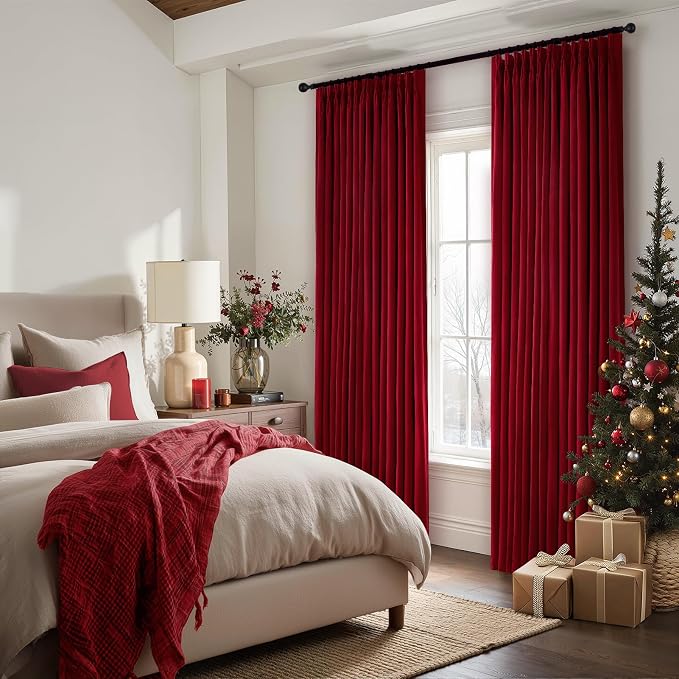 108 Inches Long Red Velvet Curtains, Extra Long Pinch Pleated Blackout Thermal - Image 6
