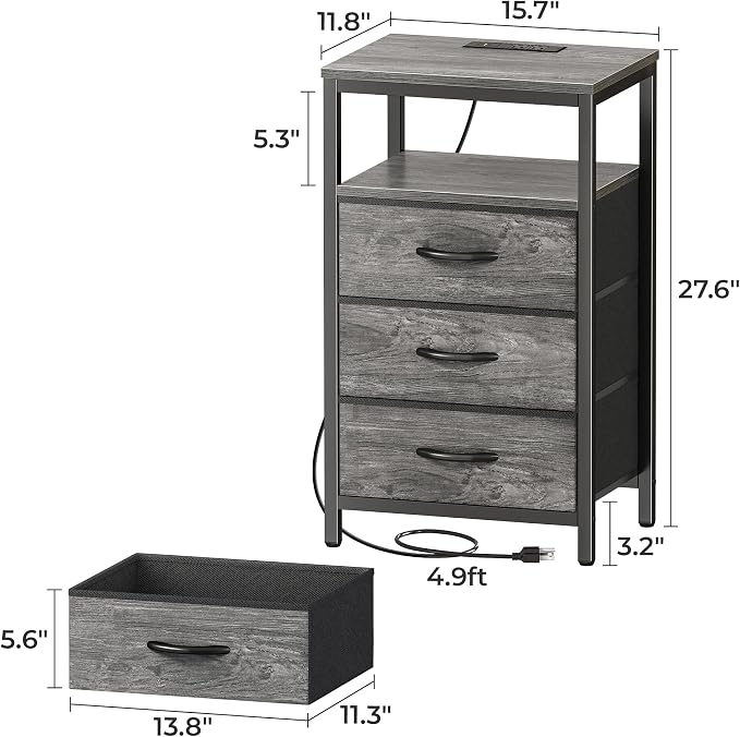 Huuger Nightstand with Charging Station, 27.6 Inch Bedside Table, Side Table | - Image 2