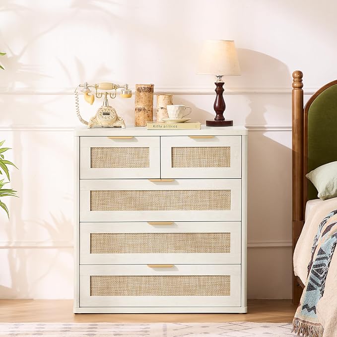 LEYAOYAO Rattan Dresser for Bedroom, 33.5" Small Chest of Drawers | Gold Metal - Image 7