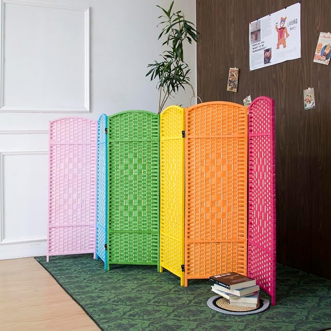 6-Panel Short Room Divider, 3.9 ft Freestanding Partition Wall, Colorful Rattan - Image 2