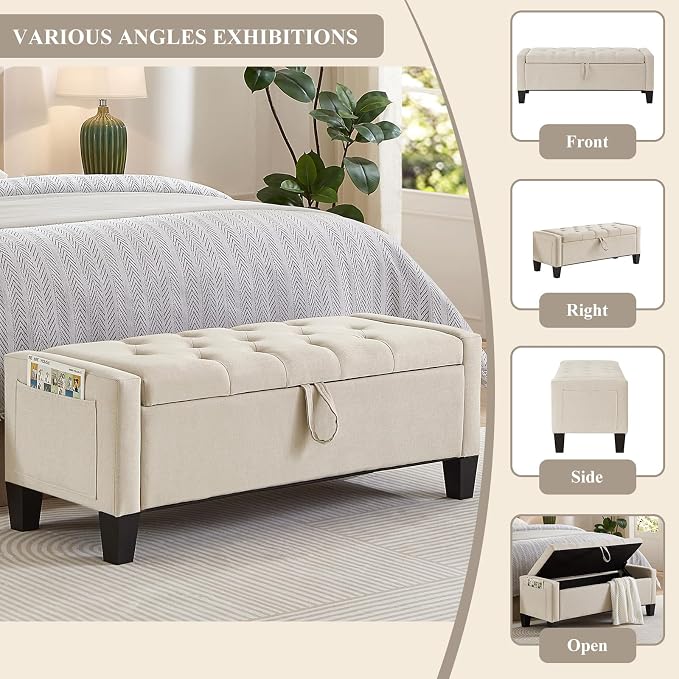 Modern Storage Ottoman Bench, Linen Upholstered End of Bed Bench - Image 6
