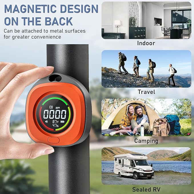 Portable Carbon Monoxide Detectors for Travel 3-in-1 Square Carbon Monoxide Monitor with 43 Detection Holes, RV CO Detector Alarm Temp/Humidity Sensor for Home, Camping & Travel Tent Car