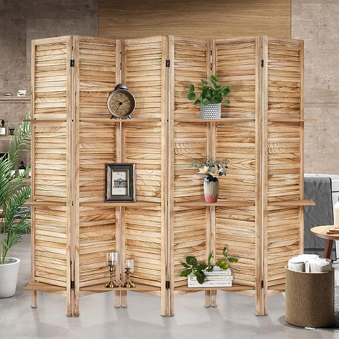 Room Divider with Shelves, 6 Panel Natural Privacy Screen | Partition Room - Image 7