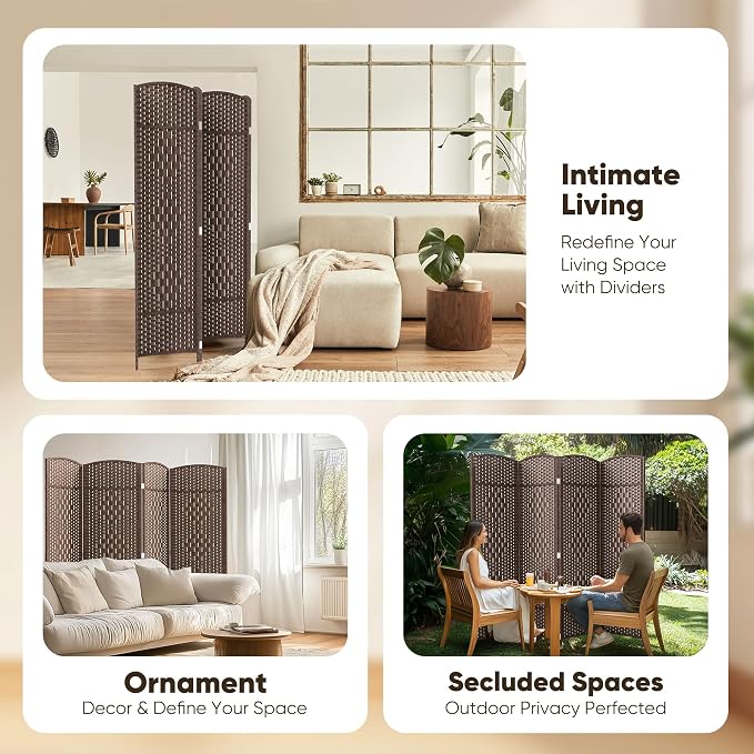 Rattan Room Divider, 4-Panel Folding Privacy Screen 6ft. Extra Wide | Room - Image 6