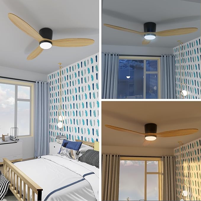 OUATER Flush Mount Ceiling Fan with Light, 52 inch Low Profile Ceiling Fans with Remote for Outdoor/Patios, 3 Color Light, 6 Speed, DC Motor, Wood and Modern Matte Black, DOE Certified