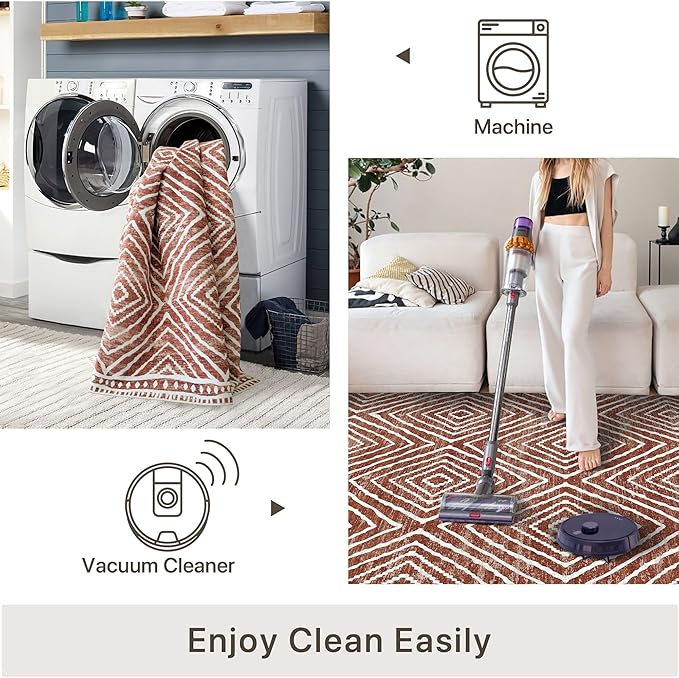 5x7 Area Rugs - Ultra-Thin Washable Rug with Non-Slip Backing, Ideal for Living Room, Bedroom, Kitchen Floor Carpet - Western Style, Easy Clean, Durable, Brown Red