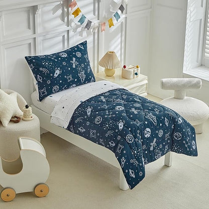 4 Pieces Toddler Bedding Set for Boy,Space Toddler Bed Comforter Set,Soft and Breathable Microfiber Crib Sheet Set,Includes Quilted Comforter, Flat Top Sheet, Fitted Sheet, Envelope Pillow Case -Blue