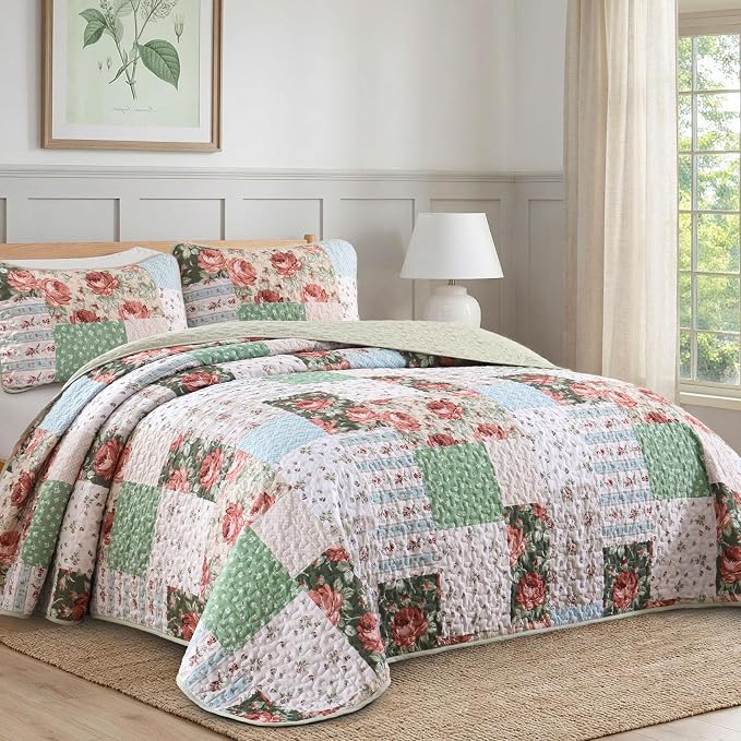 Anibedding Floral Patchwork Quilt Set Queen Size, Soft Lighweight Farmhouse - Image 2