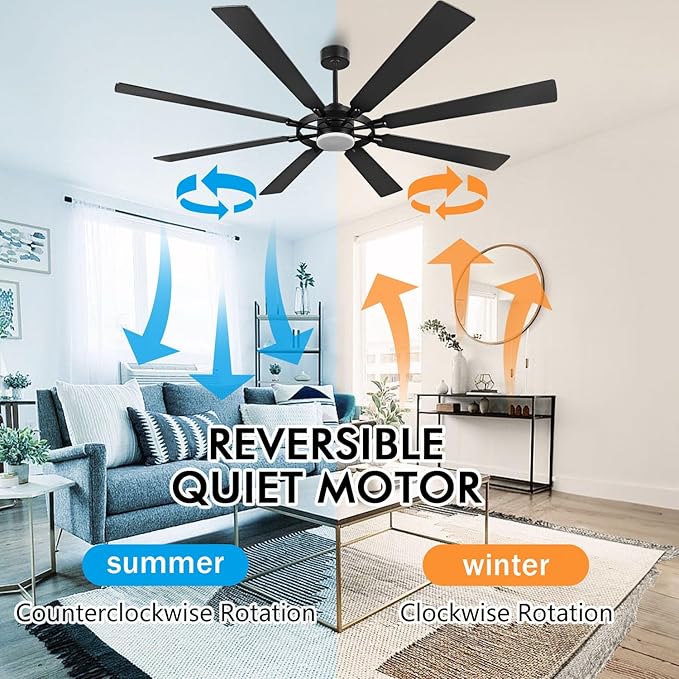 ELEHINSER 80 Inch Ceiling Fan with Lights and 3 Downrods, 8 Plywood Blades, 6-Speed Noiseless Reversible DC Motor, 3CCT, Windmill Ceiling fan for Kitchen Bedroom Living Room, Matte Black