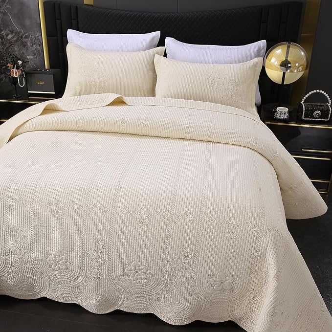 ROOMLIFE Quilt Set King Size 3D Floral Embroidery Pattern 3-Piece Cotton by ROOMLIFE