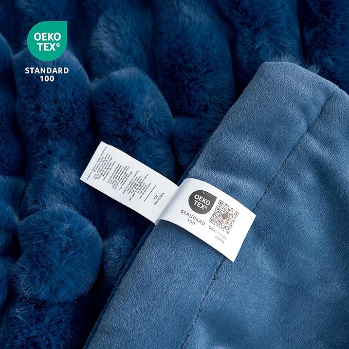 Cozy Bliss Faux Fur Throw Blanket for Couch, Cozy Warm Plush Striped Blanket for Sofa Bedroom Living Room, 108 * 90 Inches Navy Blue