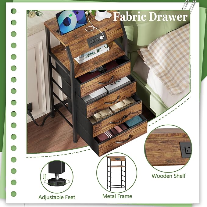 Night Stand with Charging Station, 4 Drawers Tall Bedside Table | Small Rustic - Image 7