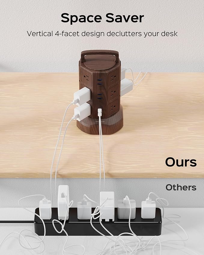 JACKYLED Power Strip Tower Surge Protector with 6.5ft Extension Cord 6 USB Ports and 12 AC Outlets Electric Charging Station for Home Office Dorm Desktop Computer Walnut and Black