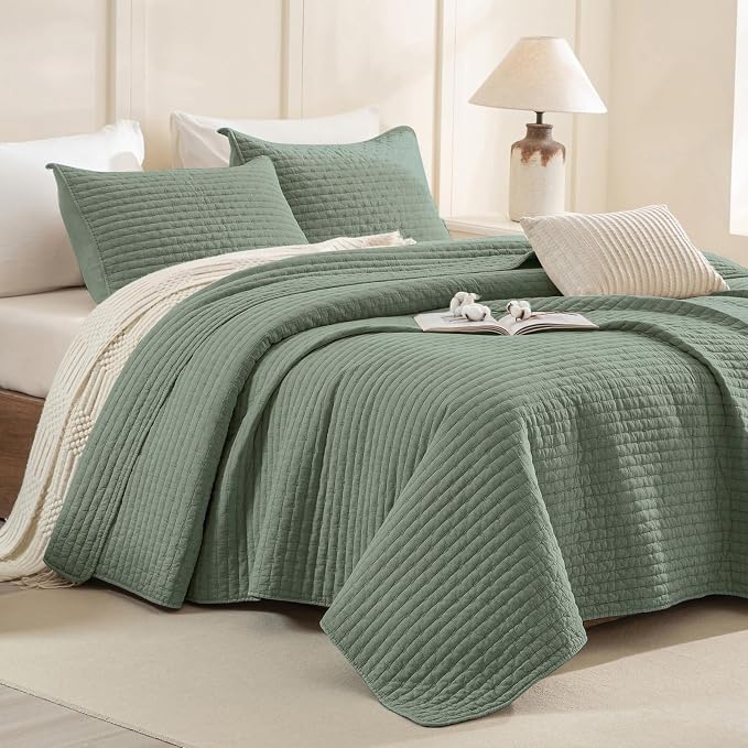 CozyTide Oversized King Quilt 128"x120", Stone-Washed Cotton Olive Green by CozyTideComforterSet
