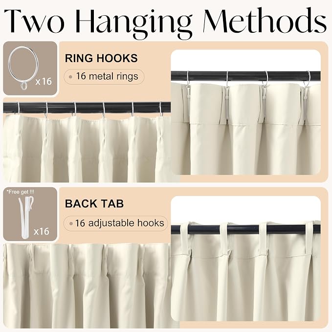 Etherealveil Beige Pinch Pleated Blackout Curtains 2 Panels 52"x84" | Back Tabs - Image 6