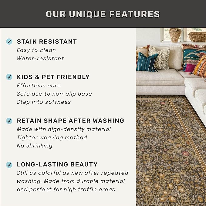 Vintage Brown 3x6 Area Rugs for Large Entryway, Bedroom Beside Rug, Kitchen, Laundry Room, Non-Slip Low Pile Ultra Soft Stain Resistant Small Floral Carpet