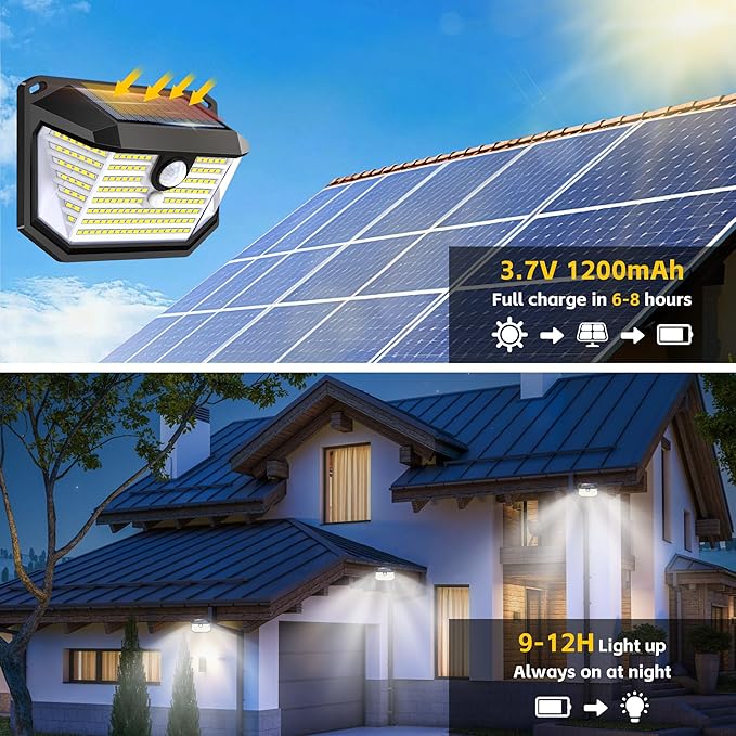 FAXBOX Solar Lights Outdoor Motion Sensor, 178 LED 300LM Waterproof IP65, Wall Mounted Security Light with 3 Modes, 270° Wide AngleWide Angle, Solar Powered for Garden, Yard, Patio, Front Door(4Pack)