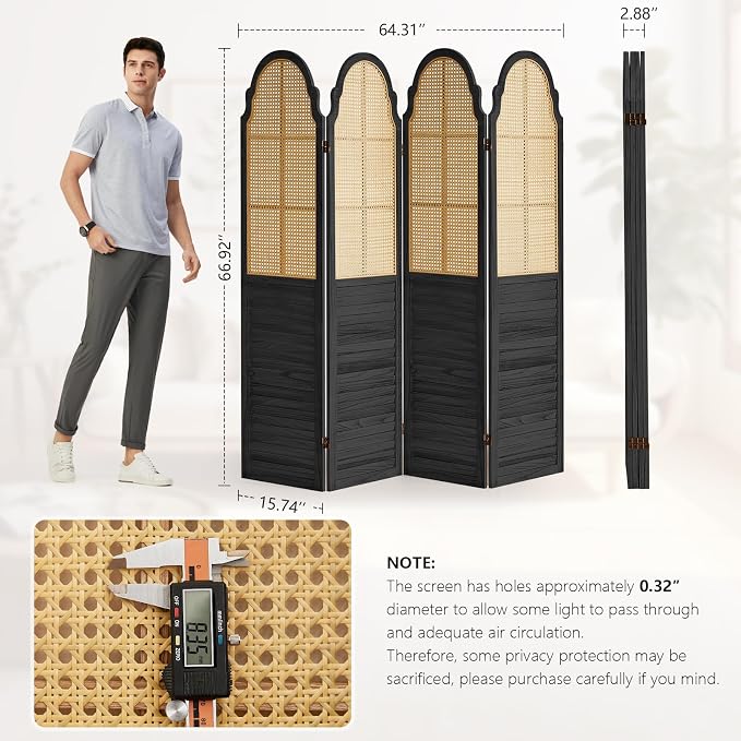 4 Panel Wood Room Divider, Folding Privacy Screen, Rattan Room Divider Wall - Image 2