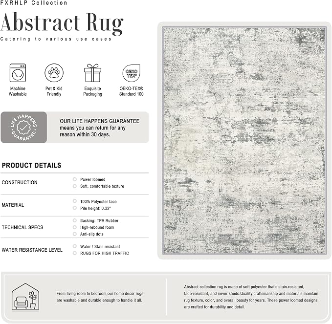6x9 Area Rug Living Room: Modern Washable Indoor Soft Carpet Gray | - Image 2