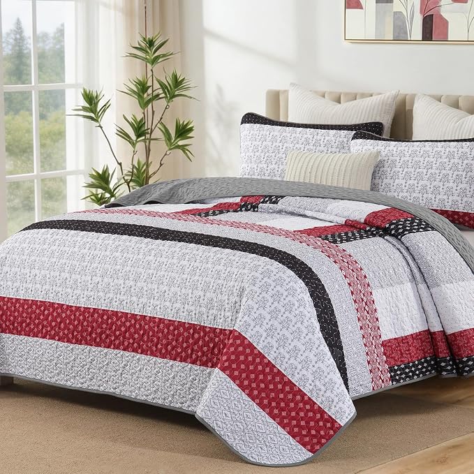 WONGS BEDDING Stripe Quilt Set Queen, Boho Bedspread Sets, Breathable by WONGSBEDDING
