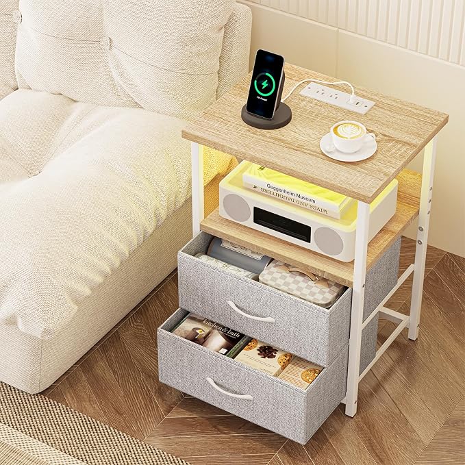 Fixwal Night Stand with Charging Station, Led Nightstand, 2 Fabric Drawers | - Image 6