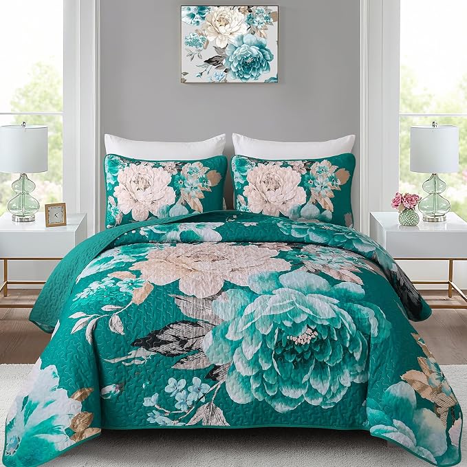 WONGS BEDDING Quilt King Size, Soft Microfiber Lightweight Plant Farmhouse Bed by WONGSBEDDING