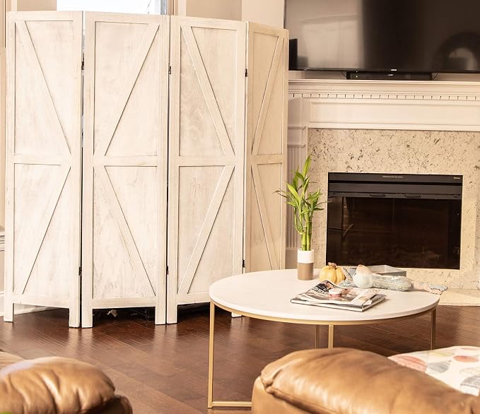 Premium Home 4-Panel Room Divider – Rustic White Barn Door, K Pattern Folding - Image 3