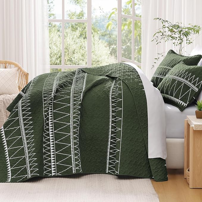 Green King Size Quilt Set, 3 Pieces Boho Striped Bedspread | Soft Lightweight - Image 7